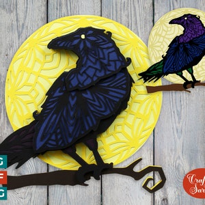 May include: A blue and purple raven with intricate patterns sits on a branch in front of a yellow moon with a mandala design. The raven is perched on a branch with a curled end. The text "Craft with Sarah" is visible in the lower right corner of the image.