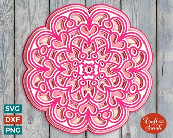 Mandala con fiori e cuori SVG / File di taglio mandala a strati