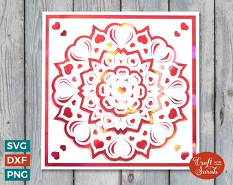 Mandala Heart Card SVG / File di taglio per biglietti di auguri pop-out con cuori Mandala
