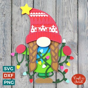Archivos de corte SVG de gnomo de luces navideñas / Gnomo femenino festivo