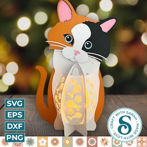 Lanterne chat calicot SVG | Fichier de découpe de conception de lanterne 3D Calico
