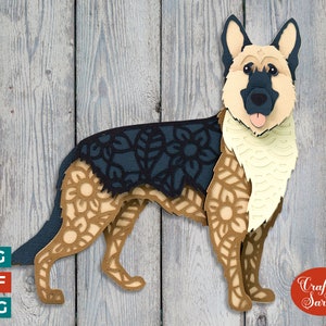 May include: A digital cut file of a German Shepherd dog with a floral pattern. The dog is standing on a woodgrain background. The file is for crafting and includes the text "Craft with Sarah".