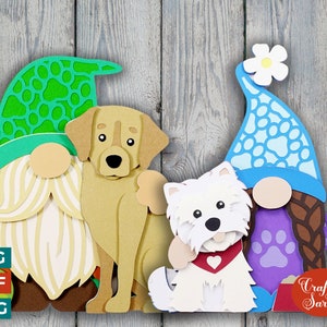 May include: Three gnomes with dog companions. The gnomes are wearing green, blue, and purple hats with paw print patterns. The dogs are a yellow labrador, a white west highland terrier, and a brown and white dog. The gnomes are holding bowls with the text "Craft with Sarah".