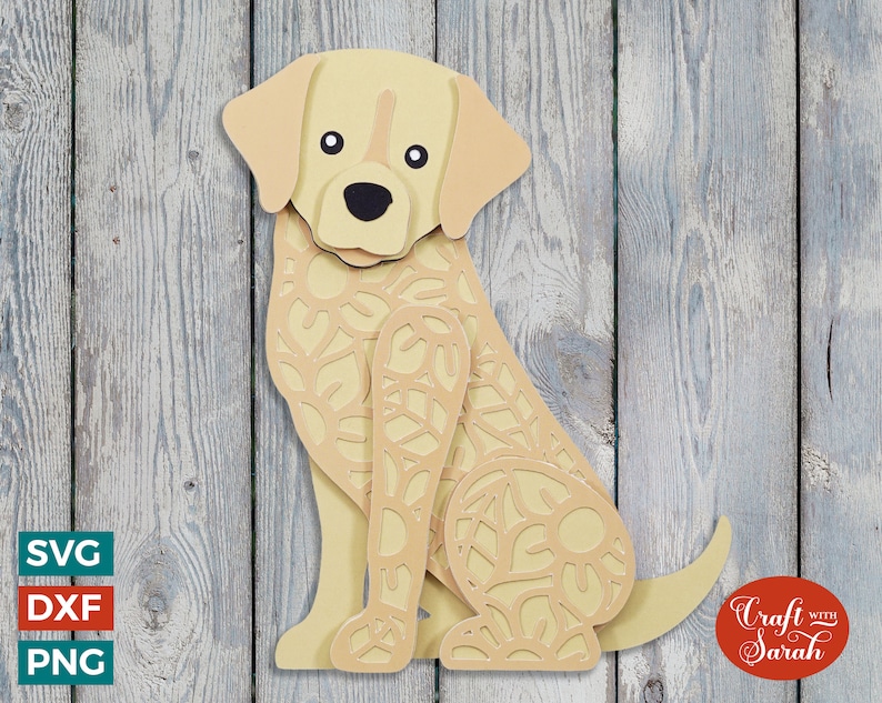 Puede incluir: Un dise&ntilde;o recortado de un labrador retriever amarillo sentado con un patr&oacute;n floral. El perro est&aacute; en posici&oacute;n sentada con la cola enroscada detr&aacute;s de &eacute;l. El dise&ntilde;o es perfecto para proyectos de manualidades.