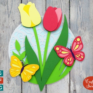 Lentetulpen en vlinders SVG | 3D Pasen-SVG