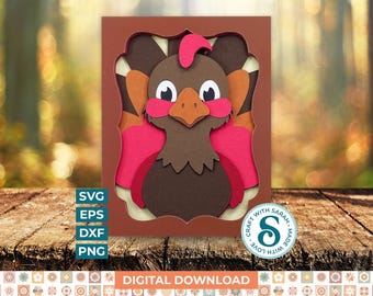 May include: A layered papercraft turkey design in shades of brown, orange, pink, and red, set against a brown background. The turkey has a cartoonish appearance with a red wattle and a beak. The image includes the text "SVG, EPS, DXF, PNG" and "DIGITAL DOWNLOAD".