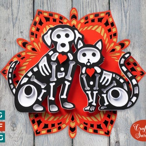 Halloween Katze & Hundeskelette Layerd SVG | 3-D Halloween-Mandala