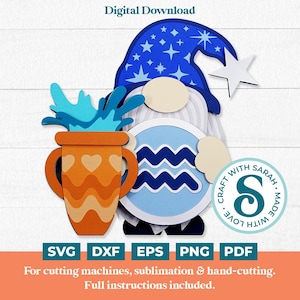 Gnome Verseau SVG | Fichiers de découpe pour gnome du zodiaque masculin en couches