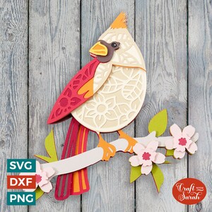 Cardenal SVG / Archivo de corte de cardenal hembra sobre rama en flor