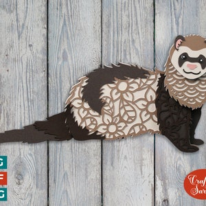 May include: A brown and white ferret with a floral pattern on its body. The ferret is lying on a wooden surface. The image is a digital cut file for crafting.