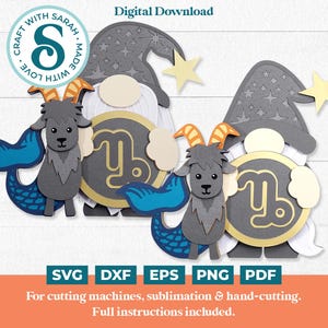 Paire de SVG Gnome Capricorne | Fichiers de découpe pour gnome du zodiaque masculin et féminin en couches