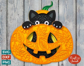 Halloween Cat in Pumpkin SVG | 3D Peeking Cat SVG