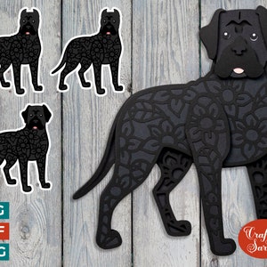 Könnte beinhalten: Schwarze und weiße digitale Schnittdatei eines Hundes mit filigranen Blumenmustern. Die Datei ist in den Formaten SVG, DXF und PNG verfügbar. Craft with Sarah.