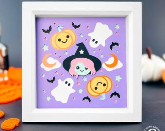 Kawaii Halloween Shadow Box SVG | Layered Witch Shadow Box Cut Files