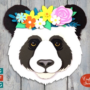 Panda hoofd bloemen SVG | 3D gelaagd snijbestand panda bloemkroon