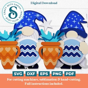 Paire de fichiers SVG Gnome Verseau | Fichiers de découpe pour gnome du zodiaque masculin et féminin en couches