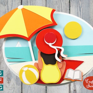 Dame sur la plage SVG | Fichier de coupe de scène de plage en couches
