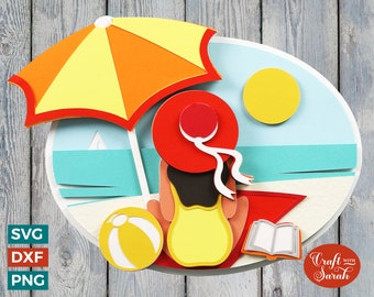 Lady on Beach SVG | Layered Beach Scene Cut File