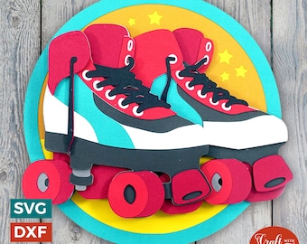 May include: A pair of red and black roller skates with turquoise wheels and white accents. The skates are on a yellow and turquoise background with stars.