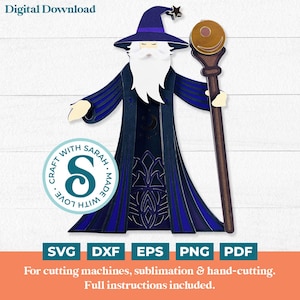 May include: A digital download image of a wizard with a long white beard, wearing a blue hat with a star and a dark blue robe with blue accents. The wizard holds a brown staff with a gold orb. The image includes the text "Craft with Sarah" and file type icons.