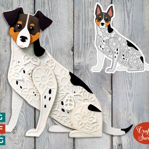 May include: A white and black dog with intricate floral patterns cut out of the paper. The dog is sitting with its head turned to the side. The image includes the text "Craft with Sarah".