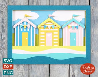 Beach Huts Card SVG | Layered Beach Hut Greetings Card Cutting File