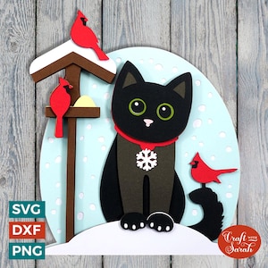 Cardinaux avec chat SVG | Lime à découper pour chat de Noël en couches
