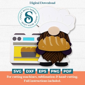 Könnte beinhalten: Digitaler Download eines Bäckergnoms, der ein Brotlaib hält, mit weißer Kochmütze und Schürze. Das Bild enthält einen Backofen und den Text "Craft with Sarah". Enthält SVG-, DXF-, EPS-, PNG- und PDF-Dateien.
