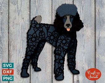 May include: Black and gray patterned poodle silhouette with a floral design. The poodle is standing on a woodgrain background.