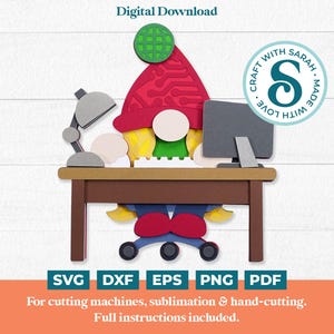 May include: A digital download graphic of a gnome at a desk, wearing a red hat with a green globe on top. The gnome is sitting at a brown desk with a computer and lamp. The image includes the text "Digital Download" and file type icons.