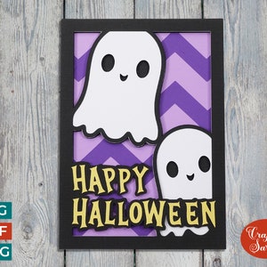 Cartão SVG de Fantasmas Kawaii | Saudações de Fantasmas de Halloween em Camadas