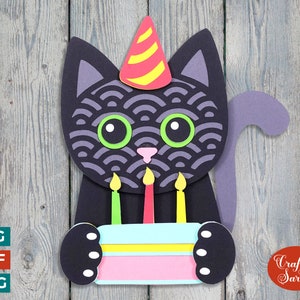 Chat d'anniversaire SVG | Fichier de découpe de chat de fête d'anniversaire en couches
