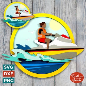 May include: A yellow circle with a blue and green wave design. A person in an orange life jacket is riding a white jet ski with a yellow stripe. The jet ski is in the water and the sun is shining.