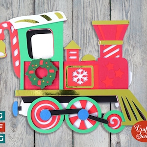 Archivo de corte de tren de vapor festivo en capas 3D / SVG de tren navideño