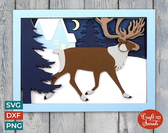 Reindeer in Snow Card SVG | Layered Festive Reindeer Greetings Card Cutting File