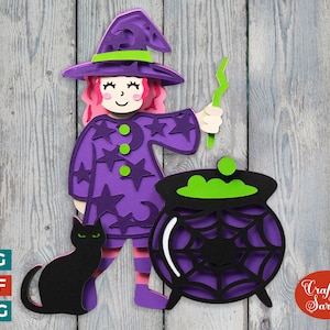 Halloween Witch SVG | 3D Little Witch with Cauldron & Cat SVG