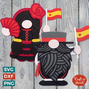 Paire de SVG gnomes espagnols | Fichiers multicouches masculins et féminins patriotiques Gonk découpés