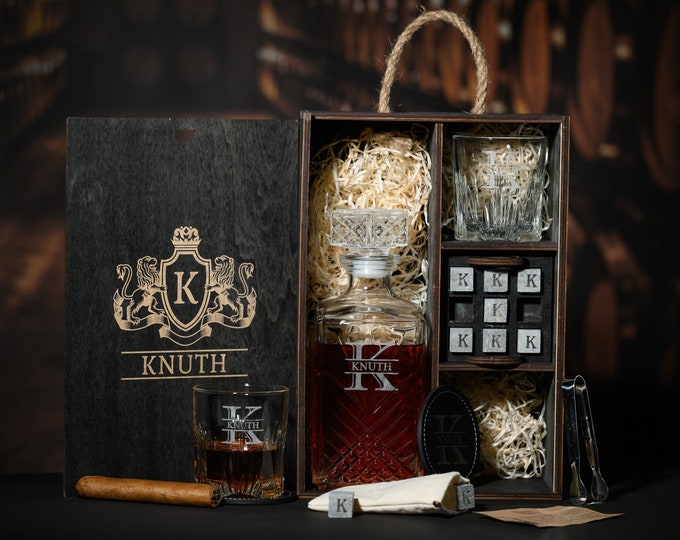 Engraved Old Fashioned Whiskey Glasses Set  - Personalized Wooden Decanter Set with Whiskey Stones - Leather and Slate Coasters