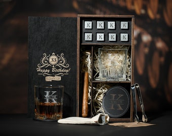 Personalized Bourbon Decanter Set: Whiskey Glasses, Stones & Wooden Box