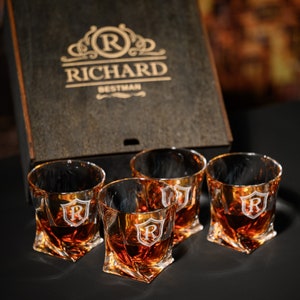 Set de vasos de whisky grabados – Cristal de lujo personalizado con piedras para whisky – Regalo elegante para él