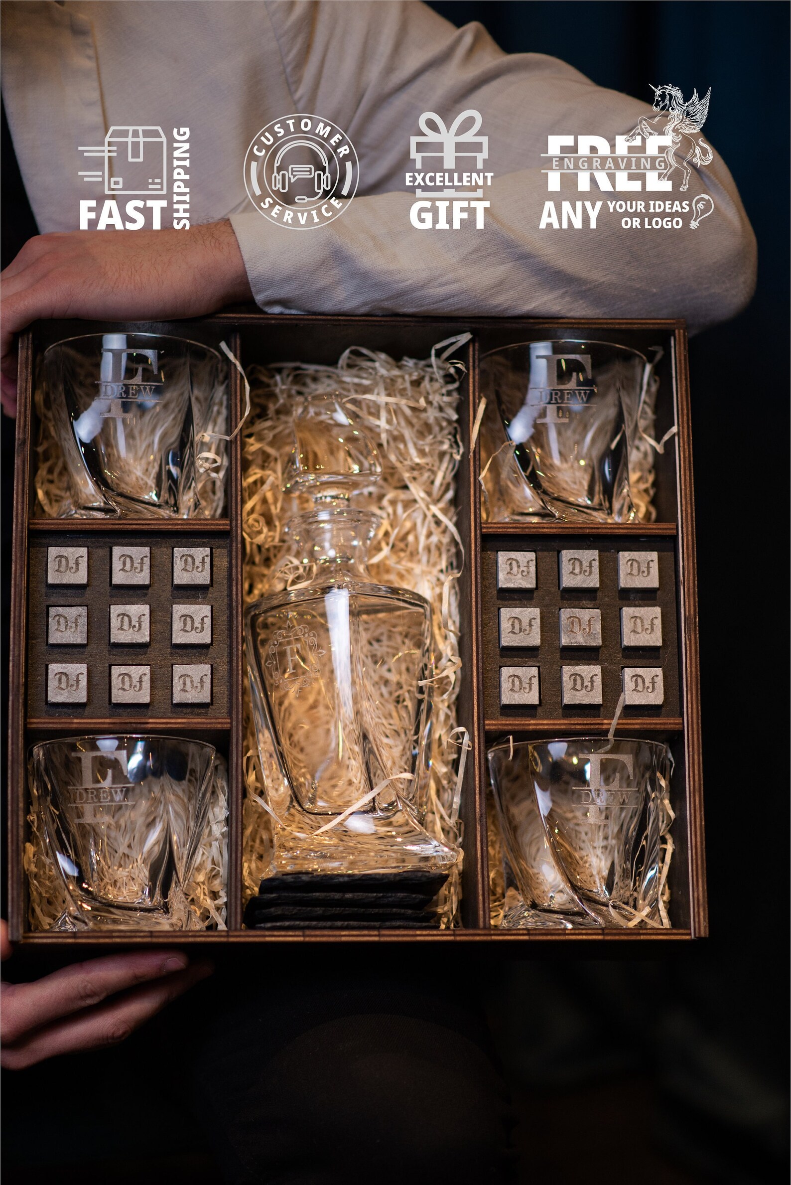 Quadro Decanter Set With 4 Whiskey Glasses. Engraved Wooden Etsy