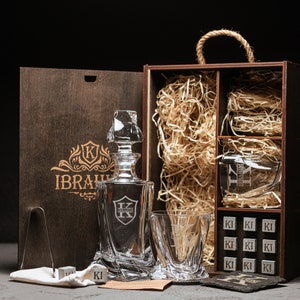 Personalized Decanter Set with Whiskey Stones. Engraved Wooden Gift Box with Whiskey Glasses - Coasters