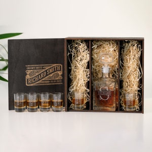Personalized Tequila Decanter Set: Engraved Shot Glasses & Wooden Gift Box