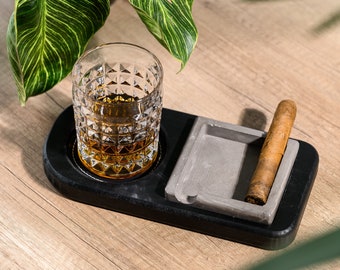 Wooden Cigar Ashtray, Ashtray with Whiskey Glass Holder, Whiskey Glass and Cigar Tray - Fathers Day Gifts, Gift for Him, Cigar Gifts