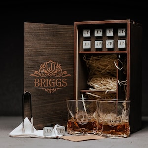 Whiskey Glasses Set with Whiskey Stones, Engraved Wooden Gift Box, Leather or Slate Coasters - Graduation Gifts, Retirement Gifts