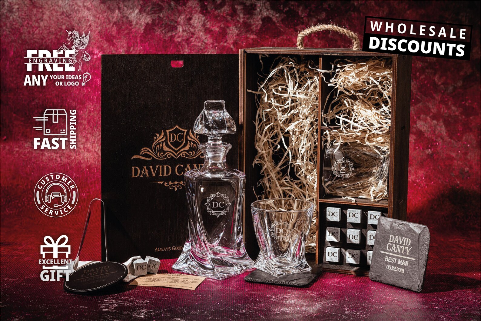 Personalized Quadro Decanter Set With Whiskey Stones. Engraved Etsy