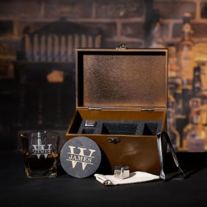 Engraved Bourbon Glass Gift Set: Whiskey Stones, Wooden Box