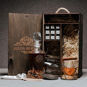 Personalized Bourbon Glasses Set - Engraved Bourbon Decanter Set with Whiskey Stones and Coasters - Great Gift for Men, Boyfriend Gift