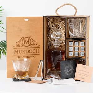 Premium Whiskey Gift for Men - Personalized Bourbon Decanter Set with Whiskey Stones - Crystal Glasses Set - Boyfriend Gift - Gift for Him