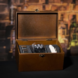Personalized Whiskey Glass Set: Wooden Coaster, Steel Stones, Gift Box